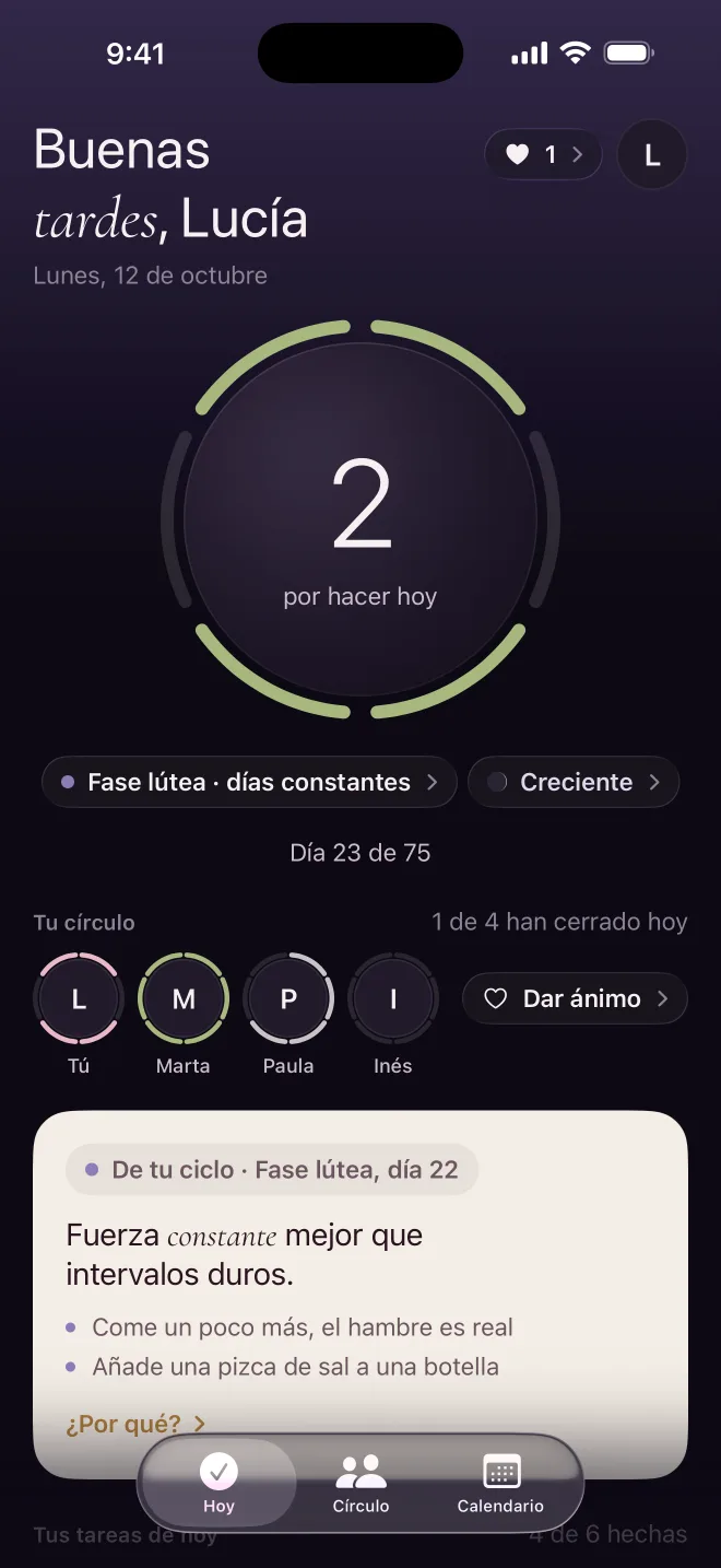 Pantalla Hoy de 75 Hotter: 2 tareas pendientes, fase lútea, tu círculo