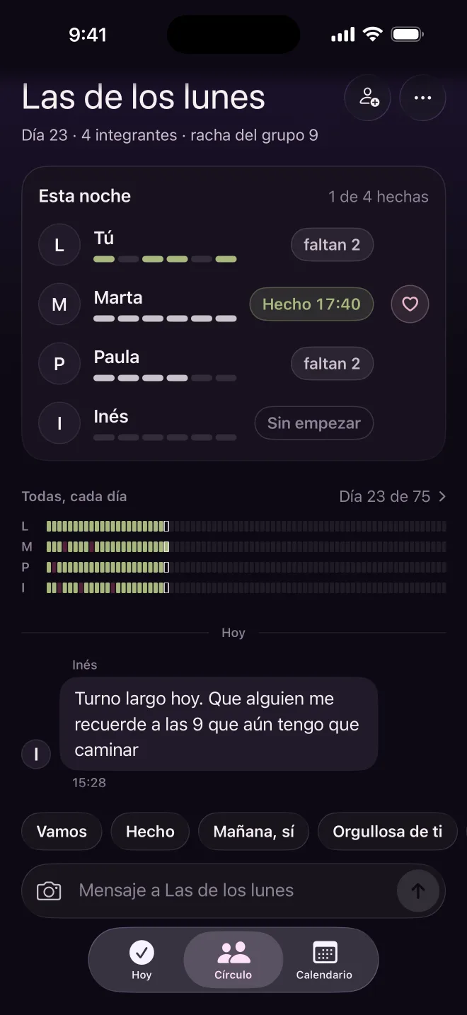 Tu círculo esta noche: quién ha terminado, ánimos y chat